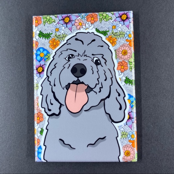 Gray Goldendoodle Dog Retro Flower Magnet Handmade Kitchen & Office Decor - Picture 1 of 4